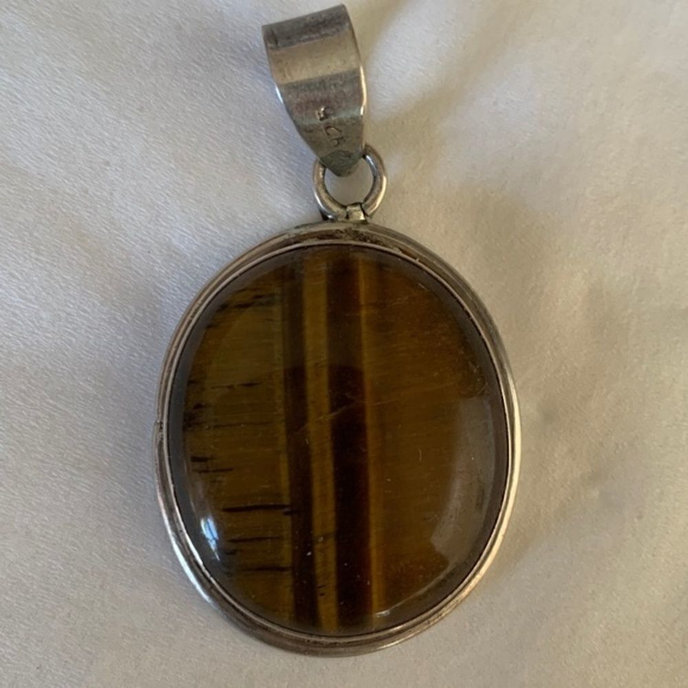 𝅺vintage TIGER EYE STERLING SILVER 925 LARGE OVAL PENDANT​